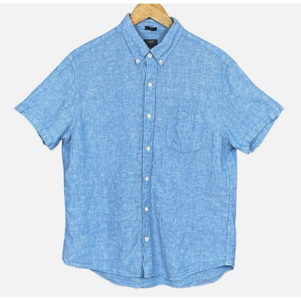 J Crew Preppy Nautical Slim Fit Linen Button Down Shirt Mens L Summer Minimalist